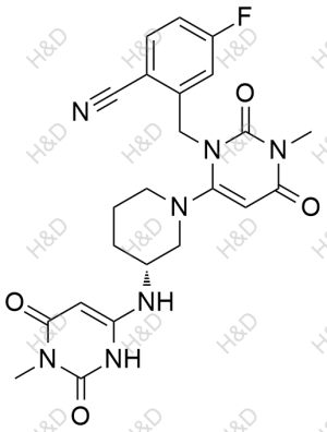 曲格列汀雜質(zhì)M,(R)-4-fluoro-2-((3-methyl-6-(3-((1-methyl-2,6-dioxo-1,2,3,6-tetrahydropyrimidin-4-yl)amino)piperidin-1-yl)-2,4-dioxo-3,4-dihydropyrimidin-1(2H)-yl)methyl)benzonitrile