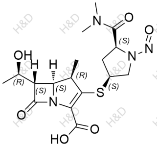 N-亞硝基美羅培南,(4R,5S,6S)-3-(((3S,5S)-5-(dimethylcarbamoyl)-1-nitrosopyrrolidin-3-yl)thio)-6-((R)-1-hydroxyethyl)-4-methyl-7-oxo-1-azabicyclo[3.2.0]hept-2-ene-2-carboxylic acid