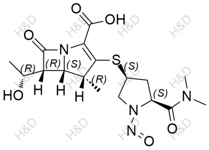 美羅培南雜質(zhì)28,(4R,5S,6R)-3-(((3S,5S)-5-(dimethylcarbamoyl)-1-nitrosopyrrolidin-3-yl)thio)-6-((R)-1-hydroxyethyl)-4-methyl-7-oxo-1-azabicyclo[3.2.0]hept-2-ene-2-carboxylic acid