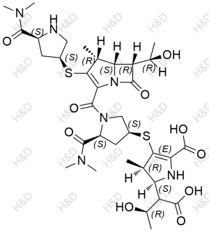 美羅培南雜質(zhì)29,(4R,5S)-5-((2R)-1-carboxy-2-hydroxypropyl)-3-(((3S,5S)-5-(dimethylcarbamoyl)-1-((4R,5S,6R)-3-(((3S,5S)-5-(dimethylcarbamoyl)pyrrolidin-3-yl)thio)-6-((R)-1-hydroxyethyl)-4-methyl-7-oxo-1-azabicyclo[3.2.0]hept-2-ene-2-carbonyl)pyrrolidin-3-yl)thio)-4-methyl-4,5-dihydro-1H-pyrrole-2-carboxylic acid