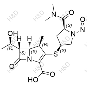 N-亞硝基美羅培南,(4R,5S,6S)-3-(((3S,5S)-5-(dimethylcarbamoyl)-1-nitrosopyrrolidin-3-yl)thio)-6-((R)-1-hydroxyethyl)-4-methyl-7-oxo-1-azabicyclo[3.2.0]hept-2-ene-2-carboxylic acid