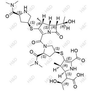 美羅培南雜質(zhì)29,(4R,5S)-5-((2R)-1-carboxy-2-hydroxypropyl)-3-(((3S,5S)-5-(dimethylcarbamoyl)-1-((4R,5S,6R)-3-(((3S,5S)-5-(dimethylcarbamoyl)pyrrolidin-3-yl)thio)-6-((R)-1-hydroxyethyl)-4-methyl-7-oxo-1-azabicyclo[3.2.0]hept-2-ene-2-carbonyl)pyrrolidin-3-yl)thio)-4-methyl-4,5-dihydro-1H-pyrrole-2-carboxylic acid