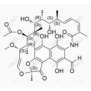 3-甲酰利福平SV,2,7-(Epoxypentadeca[1,11,13]trienimino)naphtho[2,1-b]furan-8-carboxaldehyde, 1,2-dihydro-5,6,9,17,19,21-hexahydroxy-23-methoxy-2,4,12,16,18,20,22-heptamethyl-1,11-dioxo-, 21-acetate