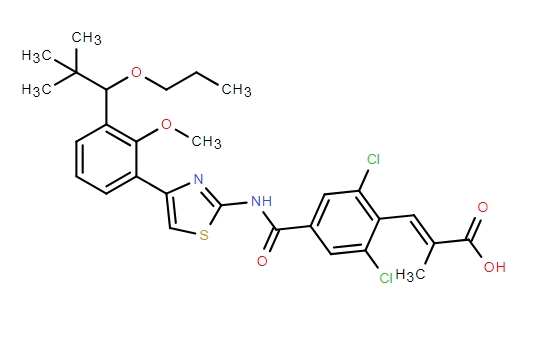 2-Propenoic acid, 3-[2,6-dichloro-4-[[[4-[3-(2,2-dimethyl-1-propoxypropyl)-2-methoxyphenyl]-2-thiazolyl]amino]carbonyl]phenyl]-2-methyl-, (2E)-,2-Propenoic acid, 3-[2,6-dichloro-4-[[[4-[3-(2,2-dimethyl-1-propoxypropyl)-2-methoxyphenyl]-2-thiazolyl]amino]carbonyl]phenyl]-2-methyl-, (2E)-