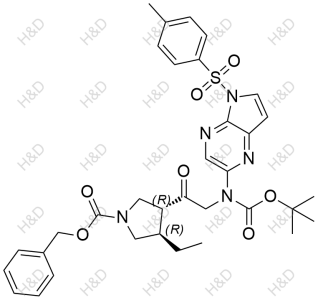 烏帕替尼雜質(zhì)49,(3R,4R)-benzyl 3-(2-((tert-butoxycarbonyl)(5-tosyl-5H-pyrrolo[2,3-b]pyrazin-2-yl)amino)acetyl)-4-ethylpyrrolidine-1-carboxylate