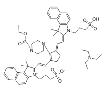 IR 144,1H-Benz(e)indolium, 2-(2-(3-(2-(1,3-dihydro-1,1-dimethyl-3-(3-sulfopropyl)-2H-benz(e)indol-2-ylidene)ethylidene)-2-(4-(ethoxycarbonyl)-1-piperazinyl)-1-cyclopenten-1-yl)ethenyl)-1,1-dimethyl-3-(3-sulfopropyl)-, inner salt, compd. with N,N-diethylethanamine (1:1)