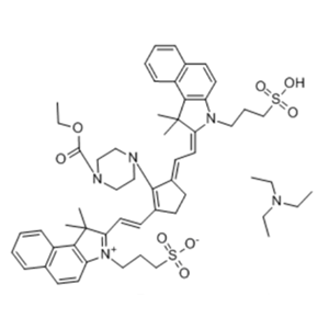 IR 144,1H-Benz(e)indolium, 2-(2-(3-(2-(1,3-dihydro-1,1-dimethyl-3-(3-sulfopropyl)-2H-benz(e)indol-2-ylidene)ethylidene)-2-(4-(ethoxycarbonyl)-1-piperazinyl)-1-cyclopenten-1-yl)ethenyl)-1,1-dimethyl-3-(3-sulfopropyl)-, inner salt, compd. with N,N-diethylethanamine (1:1)