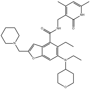 N-[(4,6-dimethyl-2-oxo-1H-pyridin-3-yl)methyl]-5-ethyl-6-[ethyl(tetrahydropyran-4-yl)amino]-2-(1-piperidylmethyl)benzofuran-4-carboxamide,N-[(4,6-dimethyl-2-oxo-1H-pyridin-3-yl)methyl]-5-ethyl-6-[ethyl(tetrahydropyran-4-yl)amino]-2-(1-piperidylmethyl)benzofuran-4-carboxamide