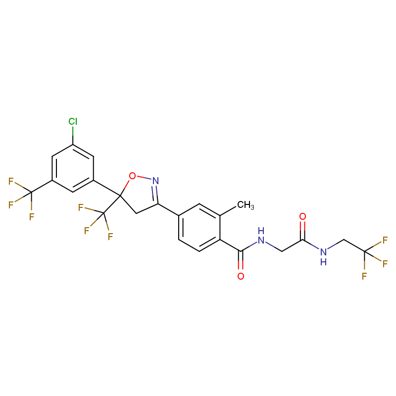 A-氟雷拉納,4-[5-[3-Chloro-5-(trifluoromethyl)phenyl]-4,5-dihydro-5-(trifluoromethyl)-3-isoxazolyl]-2-methyl-N-[2-oxo-2-[(2,2,2-trifluoroethyl)amino]ethyl]benzamide