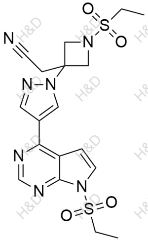 巴瑞替尼雜質(zhì)25,2-(1-(ethylsulfonyl)-3-(4-(7-(ethylsulfonyl)-7H-pyrrolo[2,3-d]pyrimidin-4-yl)-1H-pyrazol-1-yl)azetidin-3-yl)acetonitrile