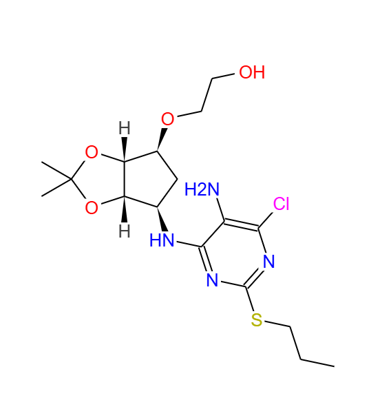2-(3aR,4S,6R,6aS)-6-(5-胺基-6-氯-2-丙硫基-4-嘧啶基)氨基四氫-2,2-二甲基-4H-環(huán)戊烯并-1,3-二氧雜環(huán)戊烷-4-基]氧]-乙醇,2-(((3aR,4S,6R,6aS)-6-((5-Amino-6-chloro-2-(propylthio)pyrimidin-4-yl)amino)-2,2-dimethyltetrahydro-3aH-cyclopenta[d][1,3]dioxol-4-yl)oxy)ethanol