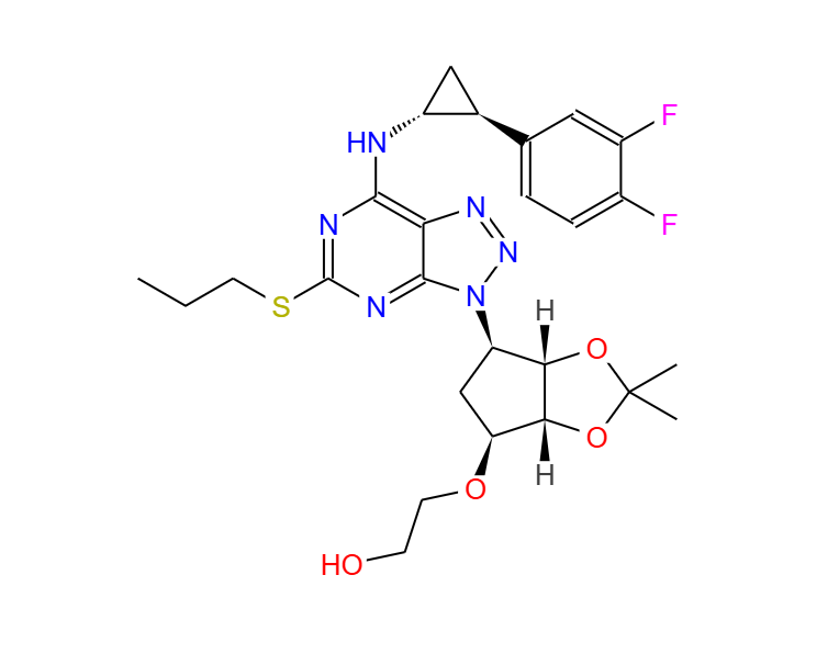 2-(((3aR,4S,6R,6aS)-6-(7-(((1R,2S)-2-(3,4-二氟苯基)環(huán)丙基)氨基)-5-(丙硫基)-3H-[ 1,2,3]三唑并[4,5-d]嘧啶-3-基)-2,2-二甲基四氫-3aH-環(huán)戊二烯并[d][1,3]二氧雜環(huán)戊烯-4-基)氧基)乙醇,2-(((3aR,4S,6R,6aS)-6-(7-(((1R,2S)-2-(3,4-Difluorophenyl)cyclopropyl)amino)-5-(propylthio)-3H-[1,2,3]triazolo[4,5-d]pyrimidin-3-yl)-2,2-dimethyltetrahydro-3aH-cyclopenta[d][1,3]dioxol-4-yl)oxy)ethanol