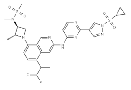 Methanesulfonamide, N-[(2R,3S)-1-[3-[[2-[1-(cyclopropylsulfonyl)-1H-pyrazol-4-yl]-4-pyrimidinyl]amino]-5-(2,2-difluoro-1-methylethyl)-8-isoquinolinyl]-2-methyl-,Methanesulfonamide, N-[(2R,3S)-1-[3-[[2-[1-(cyclopropylsulfonyl)-1H-pyrazol-4-yl]-4-pyrimidinyl]amino]-5-(2,2-difluoro-1-methylethyl)-8-isoquinolinyl]-2-methyl-3-azetidinyl]-N-methyl-