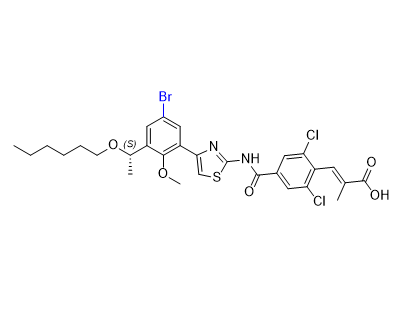 芦曲泊帕杂质21,(S,E)-3-(4-((4-(5-bromo-3-(1-(hexyloxy)ethyl)-2-methoxyphenyl)thiazol-2-yl)carbamoyl)-2,6-dichlorophenyl)-2-methylacrylic acid