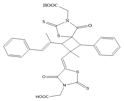 "2-((Z)-5-((7-(carboxymethyl)-2-methy1-8-oxo-1-pheny1-3-((E)-1-phenylprop-1-en-2-yl)-6-thioxo- 5-thia-7-azaspiro[3,4]octan-2-yl)methylene)-4-0xo-2-thioxothiazolidin-3-yl)acetic acid"