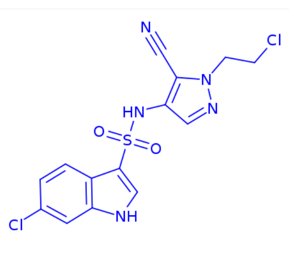 6-chloro-N-(1-(2-chloroethyl)-5-cyano-1H-pyrazol-4-yl)-1H-indole-3-sulfonamide,6-chloro-N-(1-(2-chloroethyl)-5-cyano-1H-pyrazol-4-yl)-1H-indole-3-sulfonamide