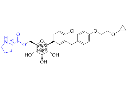 贝沙格列净杂质09,((2R,3S,4R,5R,6S)-6-(4-chloro-3-(4-(2-cyclopropoxyethoxy)benzyl)phenyl)-3,4,5-trihydroxytetrahydro-2H-pyran-2-yl)methyl L-prolinate