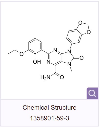 iZMYND8-34,9-(1,3-dioxaindan-5-yl)-2-(3-ethoxy-2-hydroxyphen yl)-7-methyl-8-oxo-8,9-dihydro-7H-purine-6-carbox amide