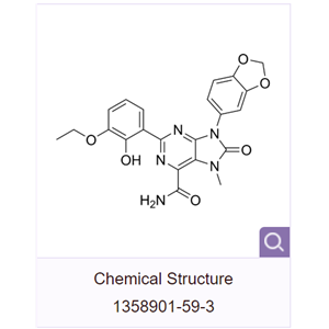 iZMYND8-34,9-(1,3-dioxaindan-5-yl)-2-(3-ethoxy-2-hydroxyphen yl)-7-methyl-8-oxo-8,9-dihydro-7H-purine-6-carbox amide