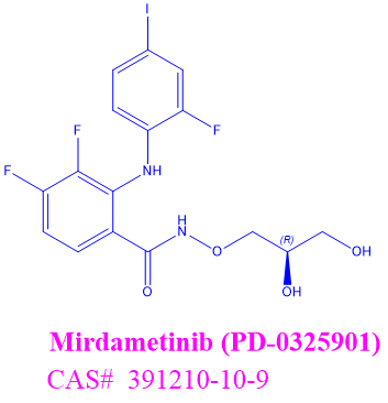 Mirdametinib （PD0325901）,(R)-N-(2,3-dihydroxypropoxy)-3,4-difluoro-2-((2-fluoro-4-iodophenyl)amino)benzamide