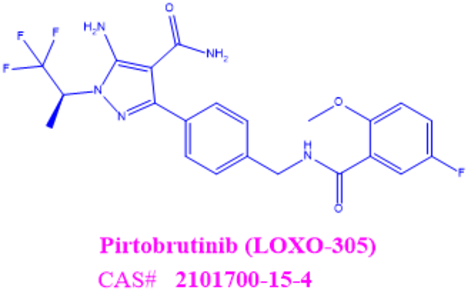Pirtobrutinib (LOXO-305),(S)-5-amino-3-(4-((5-fluoro-2-methoxybenzamido)methyl)phenyl)-1-(1,1,1-trifluoropropan-2-yl)-1H-pyrazole-4-carboxamide