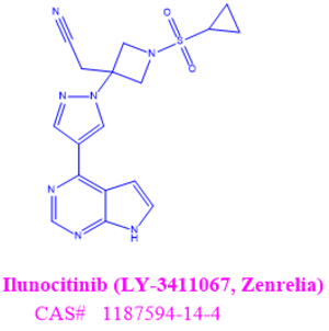 Ilunocitinib (LY-3411067, Zenrelia),2-(3-(4-(7H-pyrrolo[2,3-d]pyrimidin-4-yl)-1H-pyrazol-1-yl)-1-(cyclopropylsulfonyl)azetidin-3-yl)acetonitrile