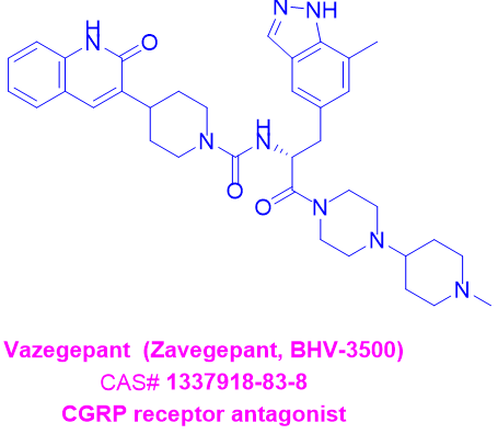 扎维格帕Vazegepant  (Zavegepant，BHV-3500),N-[(2R)-3-(7-methyl-1H-indazol-5-yl)-1-[4-(1-methylpiperidin-4-yl)piperazin-1-yl]-1-oxopropan-2-yl]-4-(2-oxo-1H-quinolin-3-yl)piperidine-1-carboxamide;hydrochloride