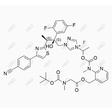 艾沙康唑杂质89(碘盐),4-(1-(((3-((2-((tert-butoxycarbonyl)(methyl)amino)acetoxy)methyl)pyridin-2-yl)(methyl)carbamoyl)oxy)ethyl)-1-((2S,3S)-3-(4-(4-cyanophenyl)thiazol-2-yl)-2-(2,5-difluorophenyl)-2-hydroxybutyl)-1H-1,2,4-triazol-4-ium iodide