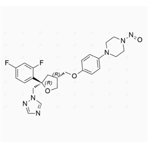 泊沙康唑亚硝基杂质142,1-(4-(((3R,5R)-5-((1H-1,2,4-triazol-1-yl)methyl)-5-(2,4-difluorophenyl)tetrahydrofuran-3-yl)methoxy)phenyl)-4-nitrosopiperazine