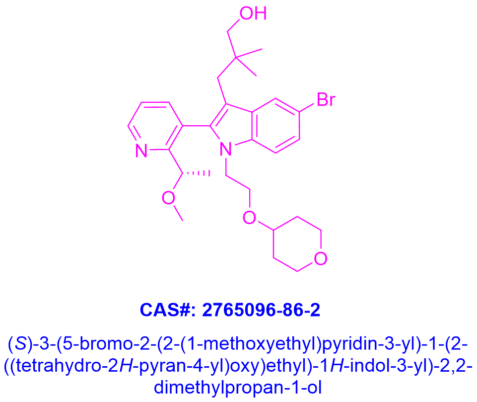 (S)-3-(5-bromo-2-(2-(1-methoxyethyl)pyridin-3-yl)-1-(2-((tetrahydro-2H-pyran-4-yl)oxy)ethyl)-1H-indol-3-yl)-2,2-dimethylpropan-1-ol,(S)-3-(5-bromo-2-(2-(1-methoxyethyl)pyridin-3-yl)-1-(2-((tetrahydro-2H-pyran-4-yl)oxy)ethyl)-1H-indol-3-yl)-2,2-dimethylpropan-1-ol