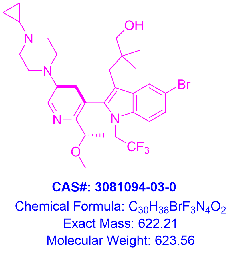 (S)-3-(5-bromo-2-(5-(4-cyclopropylpiperazin-1-yl)-2-(1-methoxyethyl)pyridin-3-yl)-1-(2,2,2-trifluoroethyl)-1H-indol-3-yl)-2,2-dimethylpropan-1-ol,(S)-3-(5-bromo-2-(5-(4-cyclopropylpiperazin-1-yl)-2-(1-methoxyethyl)pyridin-3-yl)-1-(2,2,2-trifluoroethyl)-1H-indol-3-yl)-2,2-dimethylpropan-1-ol-indol-3-yl)-2,2-dimethylpropan-1-ol