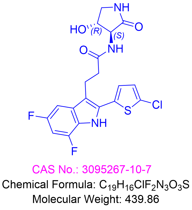 3-(2-(5-chlorothiophen-2-yl)-5,7-difluoro-1H-indol-3-yl)-N-((3S,4R)-4-hydroxy-2-oxopyrrolidin-3-yl)propanamide,3-(2-(5-chlorothiophen-2-yl)-5,7-difluoro-1H-indol-3-yl)-N-((3S,4R)-4-hydroxy-2-oxopyrrolidin-3-yl)propanamide