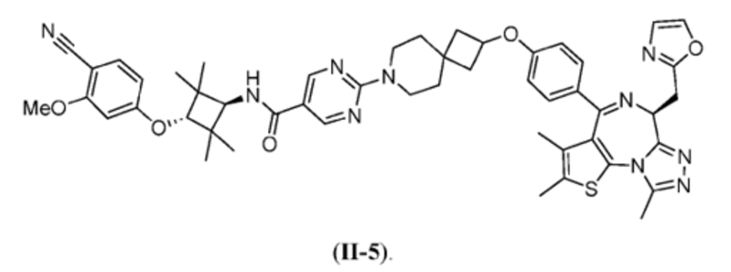 N-((1r,3r)-3-(4-cyano-3-methoxyphenoxy)-2,2,4,4-tetramethylcyclobutyl)-2-(2-(4-((R)-2,3,9-trimethyl-6-(oxazol-2-ylmethyl)-6H-thieno[3,2-f][1,2,4]triazolo[4,3-a],N-((1r,3r)-3-(4-cyano-3-methoxyphenoxy)-2,2,4,4-tetramethylcyclobutyl)-2-(2-(4-((R)-2,3,9-trimethyl-6-(oxazol-2-ylmethyl)-6H-thieno[3,2-f][1,2,4]triazolo[4,3-a][1,4]diazepin-4-yl)phenoxy)-7-azaspiro[3.5]nonan-7-yl)pyrimidine-5-carboxamide