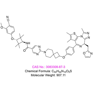 N-((1r,3r)-3-(4-cyano-3-methoxyphenoxy)-2,2,4,4-tetramethylcyclobutyl)-2-(2-(4-((R)-2,3,9-trimethyl-6-(oxazol-2-ylmethyl)-6H-thieno[3,2-f][1,2,4]triazolo[4,3-a],N-((1r,3r)-3-(4-cyano-3-methoxyphenoxy)-2,2,4,4-tetramethylcyclobutyl)-2-(2-(4-((R)-2,3,9-trimethyl-6-(oxazol-2-ylmethyl)-6H-thieno[3,2-f][1,2,4]triazolo[4,3-a][1,4]diazepin-4-yl)phenoxy)-7-azaspiro[3.5]nonan-7-yl)pyrimidine-5-carboxamide
