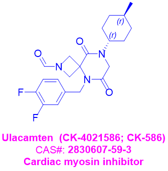 Ulacamten  (CK-4021586; CK-586),5-(3,4-difluorobenzyl)-8-((1r,4r)-4-methylcyclohexyl)-6,9-dioxo-2,5,8-triazaspiro[3.5]nonane-2-carbaldehyde