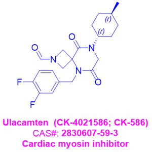 Ulacamten  (CK-4021586; CK-586),5-(3,4-difluorobenzyl)-8-((1r,4r)-4-methylcyclohexyl)-6,9-dioxo-2,5,8-triazaspiro[3.5]nonane-2-carbaldehyde