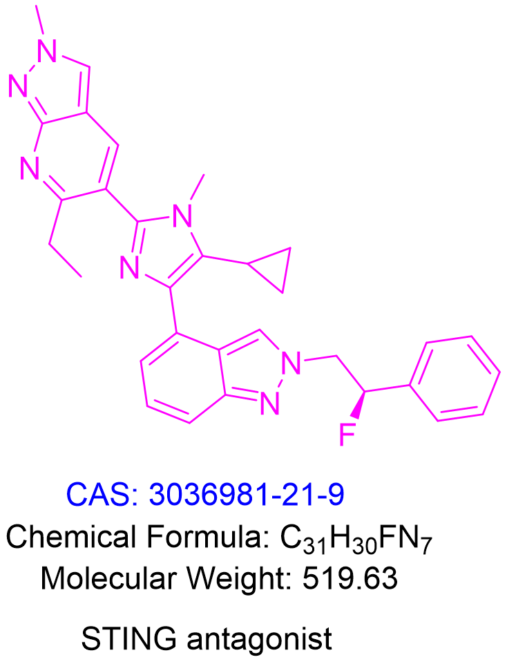STING antagonist 1,(R)-5-(5-cyclopropyl-4-(2-(2-fluoro-2-phenylethyl)-2H-indazol-4-yl)-1-methyl-1H-imidazol-2-yl)-6-ethyl-2-methyl-2H-pyrazolo[3,4-b]pyridine