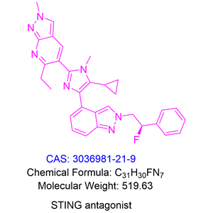 STING antagonist 1,(R)-5-(5-cyclopropyl-4-(2-(2-fluoro-2-phenylethyl)-2H-indazol-4-yl)-1-methyl-1H-imidazol-2-yl)-6-ethyl-2-methyl-2H-pyrazolo[3,4-b]pyridine