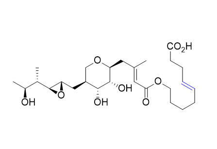 莫匹罗星杂质03,"(4E)-9-[[(2E)-4-[(2S,3R,4R,5S)-3,4-dihydroxy-5-[[(2S,3S)- 3-[(1S,2S)-2-hydroxy-1-methylpropyl]oxiranyl]methyl]- tetrahydro-2H-pyran-2-yl]-3-methylbut-2-enoyl]oxy]- non-4-enoic acid"