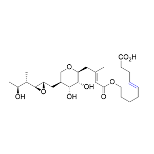 莫匹罗星杂质03,"(4E)-9-[[(2E)-4-[(2S,3R,4R,5S)-3,4-dihydroxy-5-[[(2S,3S)- 3-[(1S,2S)-2-hydroxy-1-methylpropyl]oxiranyl]methyl]- tetrahydro-2H-pyran-2-yl]-3-methylbut-2-enoyl]oxy]- non-4-enoic acid"